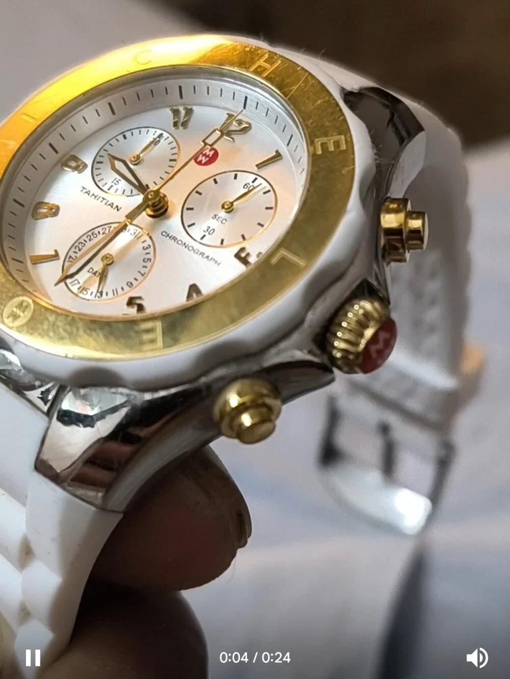 MICHELE Tahitian Jelly Bean Chronograph Watch — Two-Tone Gold & Steel, White Sil